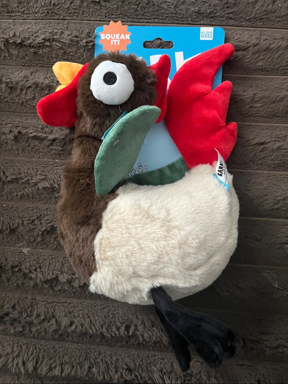 Bark Plush Squeak Rooster Dog Toy - Red, Brown, Cream, Green, Black